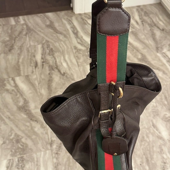 Authentic Gucci Dark Brown Leather Web Shoulder Bag - Picture 16 of 16